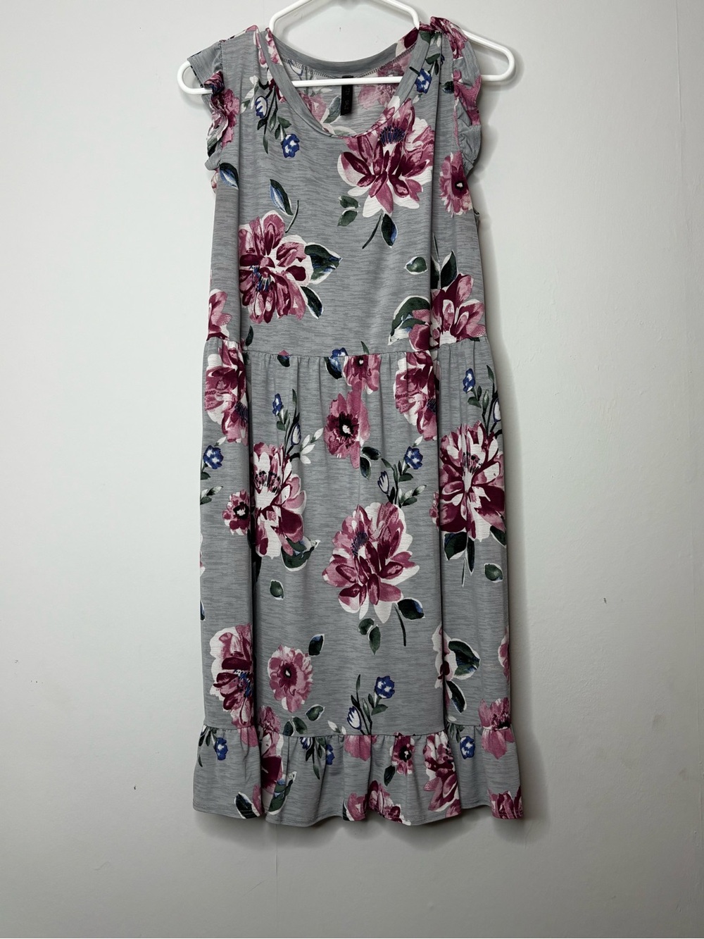 Gray Floral Ruffle Hem Dress with Pink Blooms